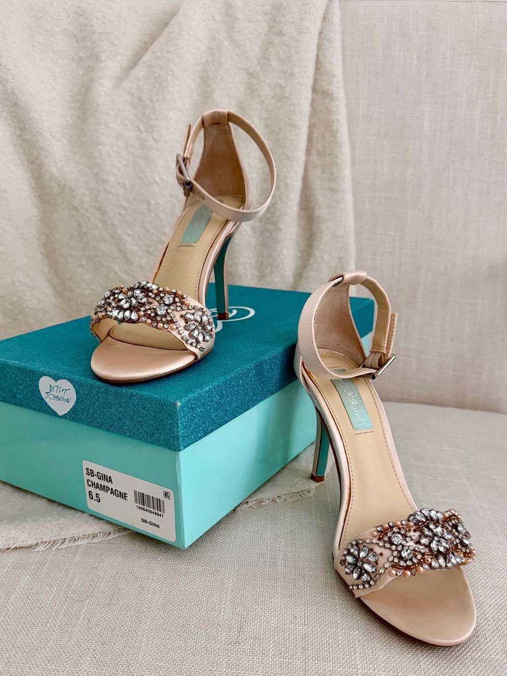Blue by Betsey Johnson Gina Champagne Satin Ankle Strap Heels
